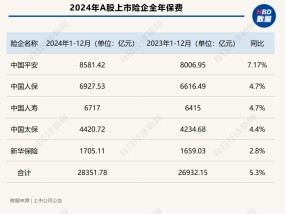 五大A股上市险企2024年保费“成绩单”出炉：合计保费2.84万亿元，同比增长5.3%