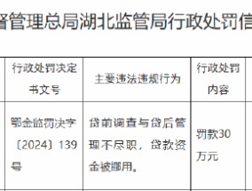 招商银行武汉分行被罚30万元：贷前调查与贷后管理不尽职 贷款资金被挪用