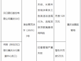 汉口银行重庆分行被罚120万元：因长期未发现涉案员工各类违法违规行为 违规发放贷款掩盖信用风险等