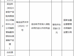 大家财险榆林中心支公被罚8万元：违法给予投保人保险合同约定以外的利益